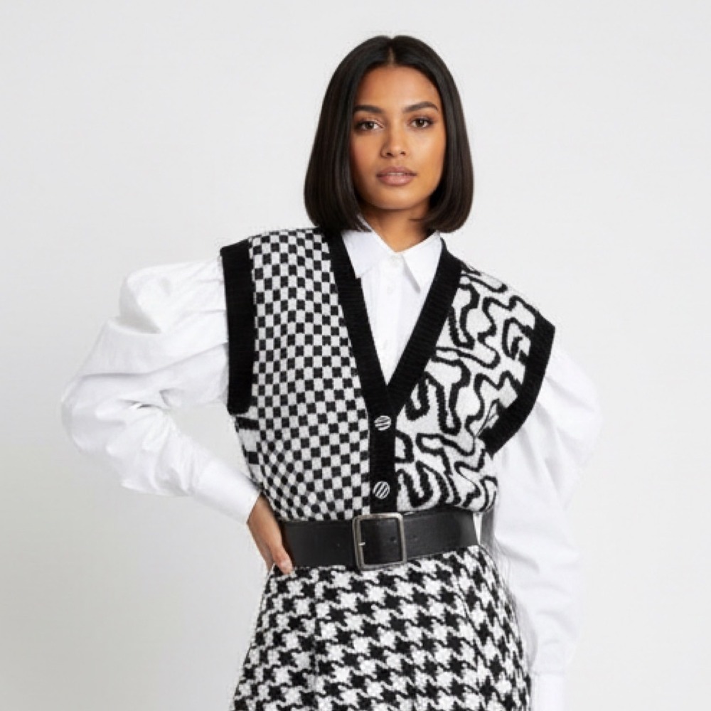 Knitwaves VTG 80s Avant Garde Black and White Sweater‎ Vest Art to Wear Eclectic